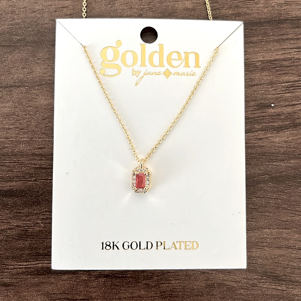 18K Gold Plated Ruby Baguette With Mini Crystal Outline Necklace, .35" Pendant
